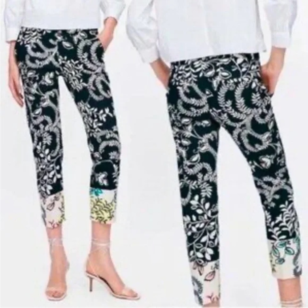 Zara Black & Cream Floral Cotton Ankle Pants
